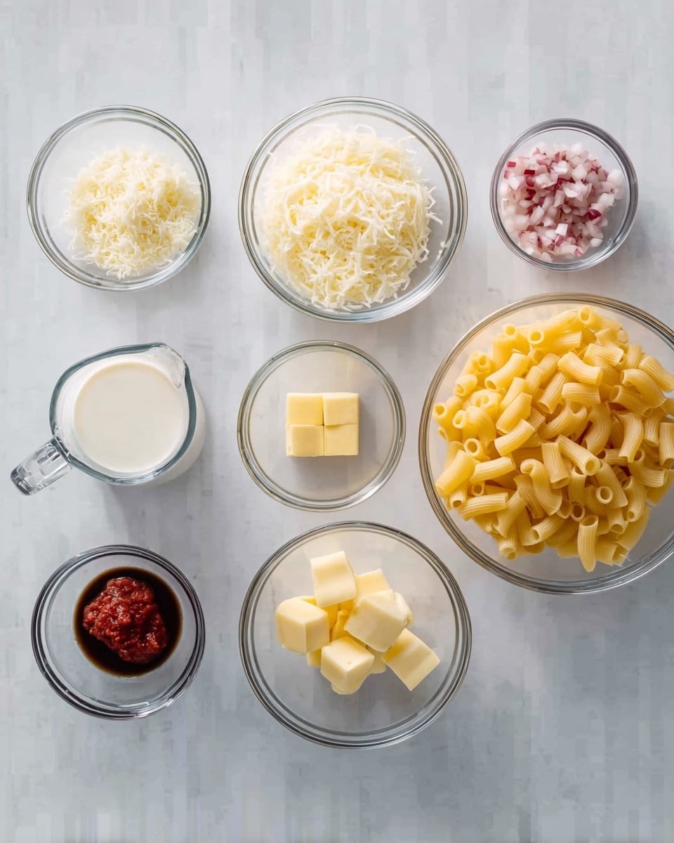 The image shows eight clear glass bowls and one measuring cup arranged on a white marbled surface. The largest bowl on the right contains pale yellow, short tube-shaped pasta. Next to it are two medium-sized bowls, one with off-white shredded cheese and the other with minced garlic. To the left of these are three smaller bowls, holding dark red tomato paste, finely chopped pink shallots, and yellow butter cubes. There is also a very small bowl with dark brown sauce and a clear measuring cup filled with white cream on the far left. All bowls have a smooth, transparent glass texture. photo taken with an iphone --ar 4:5 --v 7