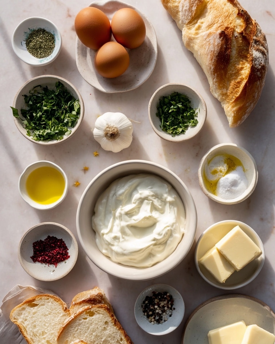 The image shows several ingredients neatly placed on a white marbled surface. There are three brown eggs positioned on the top left with small bowls of chopped herbs, lemon juice, and two garlic cloves nearby. A large white bowl filled with thick, creamy yogurt is centered towards the right, next to some sliced white bread and a small bowl of olive oil. Additional small white bowls contain black pepper, white powder, and dark red chili flakes, with a plate holding two pieces of butter at the bottom right. Everything is arranged orderly with natural light highlighting the textures. Photo taken with an iphone --ar 4:5 --v 7