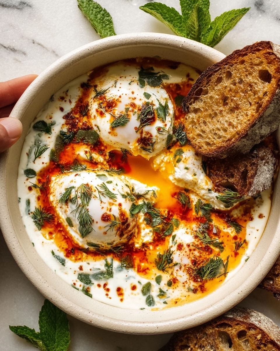 A white, round bowl filled with two poached eggs sitting in a creamy white yogurt sauce that has green herbs mixed in. The eggs are partly covered with a bright reddish-orange oil sauce, which adds a glossy, slightly oily texture on top, and small sprigs of green herbs and a sprinkle of red seasoning are scattered over everything. On the side inside the bowl, there are thick slices of toasted brown bread with a rough crust, leaning against the edge. The bowl is on a white marbled surface, with a few fresh green leaves nearby. Woman's hand is holding one slice of the bread near the bowl. photo taken with an iphone --ar 4:5 --v 7