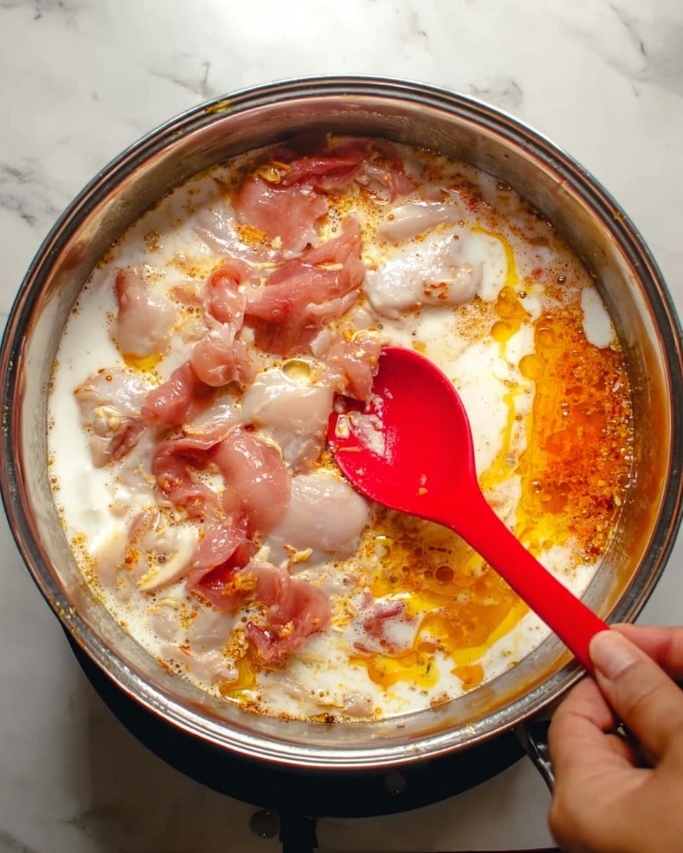 A metal pot filled with a mix of ingredients including white creamy liquid, some orange oily liquid swirling on one side, and raw light pink slices of meat scattered on top in the middle. A woman's hand holds a bright red spoon stirring the ingredients in the pot. The pot is placed on a white marbled surface. photo taken with an iphone --ar 4:5 --v 7