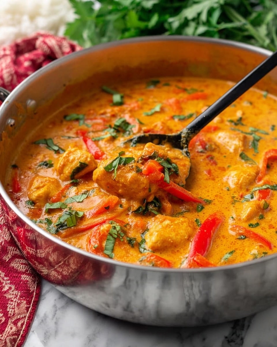 A close-up view of a shiny silver pan filled with creamy orange curry that has visible pieces of orange-yellow chicken, red bell pepper strips, and green herb leaves scattered on top. A black spoon is scooping up some curry showing its thick texture with chicken and vegetables. The pan is placed on a white marbled surface with a red and white cloth beside it, and a blurred bunch of fresh green herbs is in the background. photo taken with an iphone --ar 4:5 --v 7