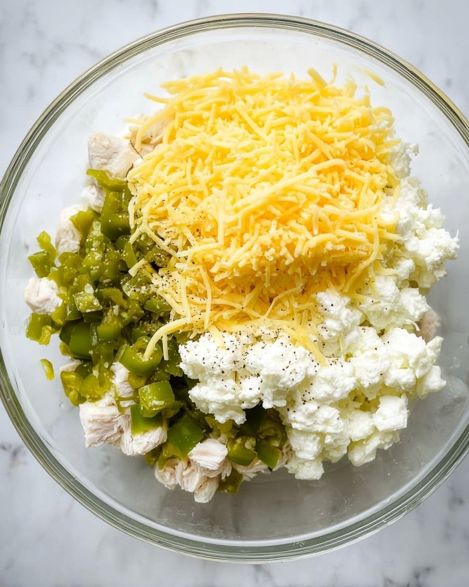 In a clear glass bowl placed on a white marbled surface, there is a mixture of ingredients arranged in visible layers. The bottom layer consists of small white pieces resembling cooked chicken. On top of that, bright green chopped pickles or peppers are scattered primarily in the center. Around the green layer, there are dollops of thick white cream cheese. Above everything, a mound of yellow shredded cheese sits, slightly spilling over the top edge of the bowl. Small specks of black pepper are sprinkled over the cream cheese and green peppers. Photo taken with an iphone --ar 4:5 --v 7