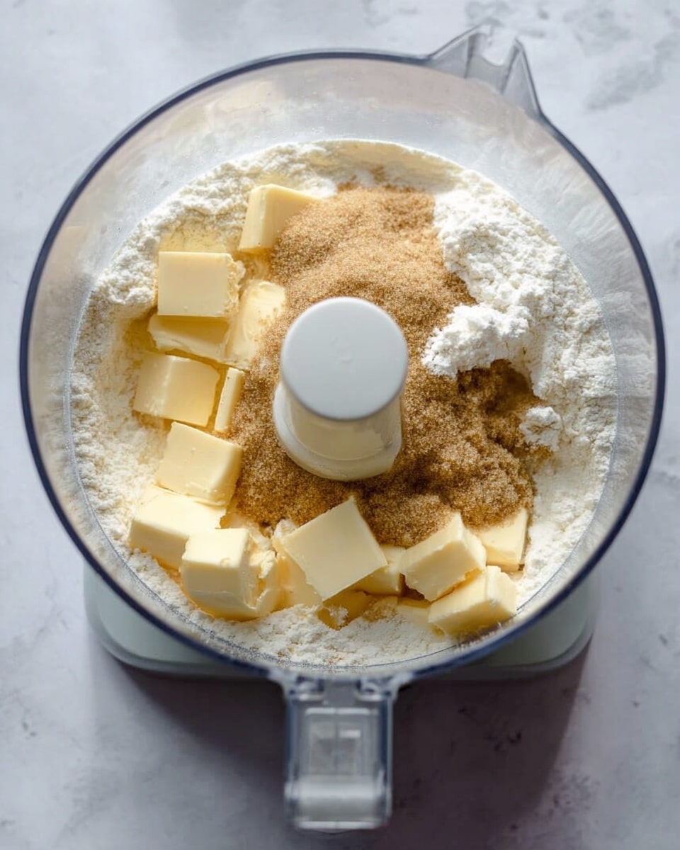 A clear glass food processor bowl holds several baking ingredients layered inside. At the bottom, there is a white flour layer covering most of the base. On top are scattered chunks of pale yellow butter placed unevenly around the bowl. Over the flour and butter, there is a pile of light brown sugar with a small amount of white granulated sugar on top, centered on a white vertical plastic blade in the middle. The surface beneath the bowl has a white marbled texture. Photo taken with an iphone --ar 4:5 --v 7