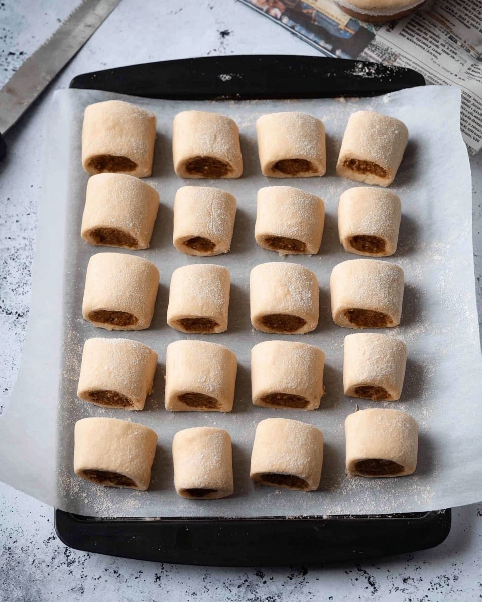 The image shows a black baking tray with white parchment paper on it, holding 15 pieces of dough shaped into small rectangular rolls arranged in a neat 4x4 grid with one piece missing. Each dough piece is light beige with a smooth, slightly textured outer layer wrapped around a darker brown filling visible on the cut ends. The rolls have soft curved edges, and the tray rests on a surface that has been changed to white marbled texture. A metal knife with a black handle is partially visible at the top of the frame, along with a few pieces of torn newspaper in the corner. photo taken with an iphone --ar 4:5 --v 7