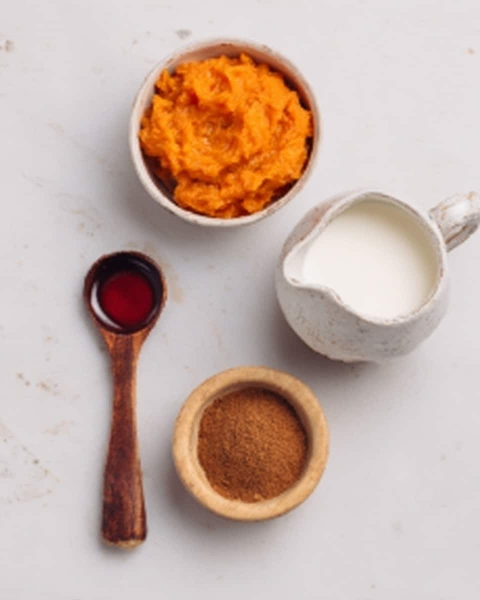 The image shows four small containers on a white marbled surface. In the top left, there's a white round bowl filled with orange-colored pumpkin puree with a soft texture. Next to it on the right is a small white pitcher filled with a smooth white liquid, likely milk or cream. Below the pitcher sits a small, round, light wooden bowl filled with brown powdered spice, which has a fine texture. At the bottom left corner, there is a wooden spoon with a dark reddish-brown liquid resting inside it. photo taken with an iphone --ar 4:5 --v 7