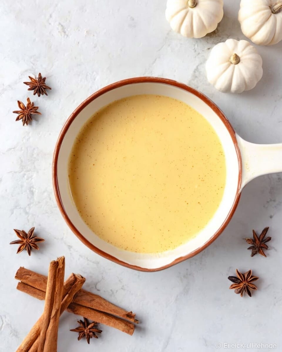 A white pan with a brown rim is filled with a smooth, light yellow sauce. The sauce looks creamy and stays evenly in the pan. The pan is placed on a white marbled surface. Around the pan, there are whole star anise, cinnamon sticks, and small white pumpkins arranged loosely. Photo taken with an iphone --ar 4:5 --v 7