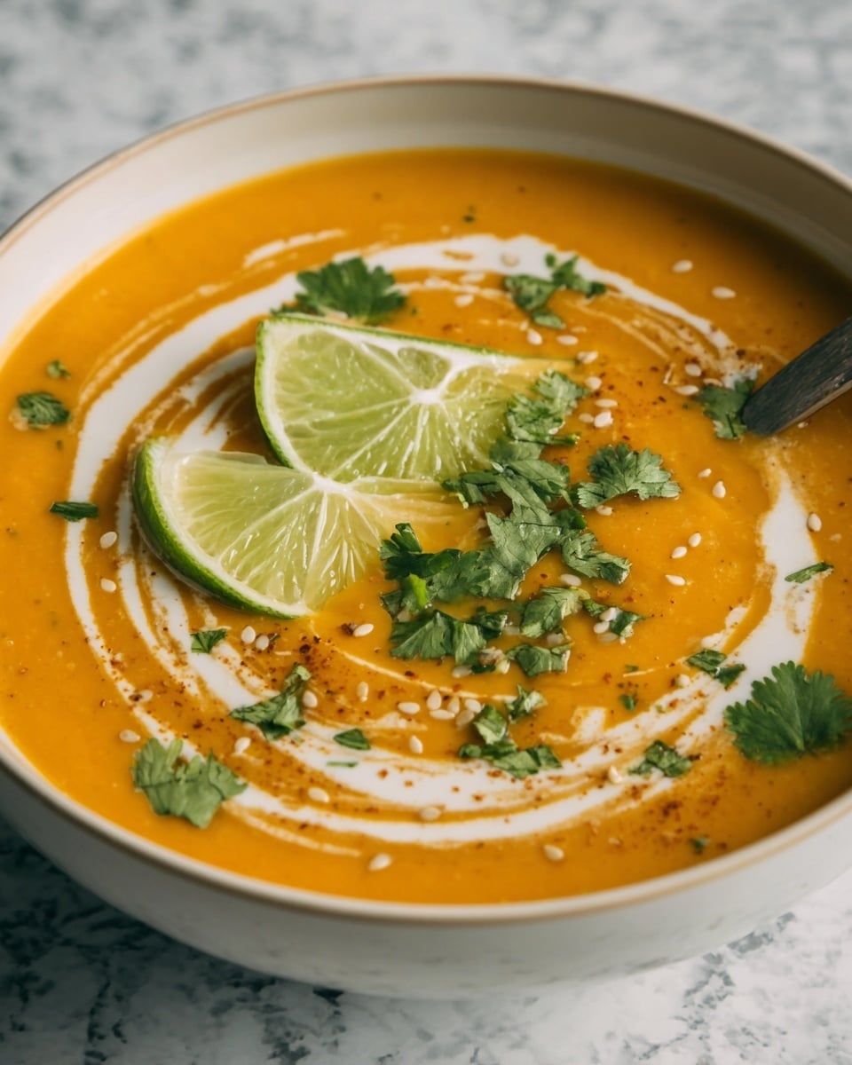 The image shows a creamy orange soup served in a white bowl on a white marbled surface. The soup has a smooth texture with a swirl of white cream on the surface, creating a round pattern near the edge. In the center, there are two thin lime slices and a small spoonful of the orange soup with green herbs inside it. Around the soup, small cilantro leaves and white sesame seeds are sprinkled for garnish. The colors are warm and fresh, with the orange soup contrasting against the white cream and bright green garnishes photo taken with an iphone --ar 4:5 --v 7