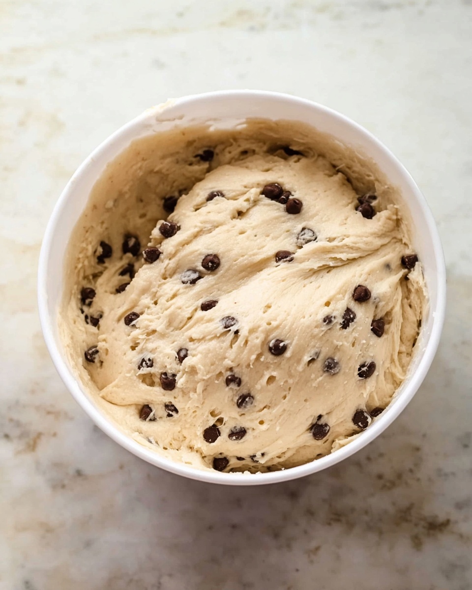 The image shows a white bowl filled with thick, light beige dough mixed with many small dark brown chocolate chips spread evenly throughout. The dough has a sticky, slightly stretchy texture with visible folds and air bubbles on the surface. The bowl is placed on a white marbled texture surface. photo taken with an iphone --ar 4:5 --v 7