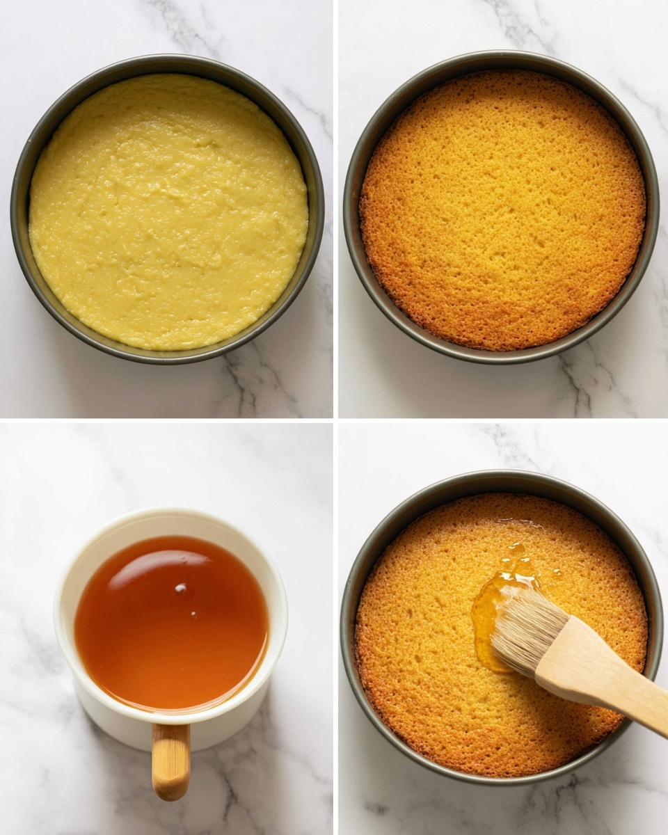 A four-part collage showing the process of making a cake: The top left image displays a round cake pan filled with a pale yellow, smooth batter evenly spread. The top right image shows the same cake pan with the batter now baked into a golden brown, slightly textured cake top. The bottom left image presents a white cup with a wooden handle filled with clear amber-colored syrup. The bottom right image shows the baked cake in the pan being brushed with the syrup using a light brown wooden brush, the cake surface glistening with moisture. All items are placed on a white marbled surface. Photo taken with an iphone --ar 4:5 --v 7