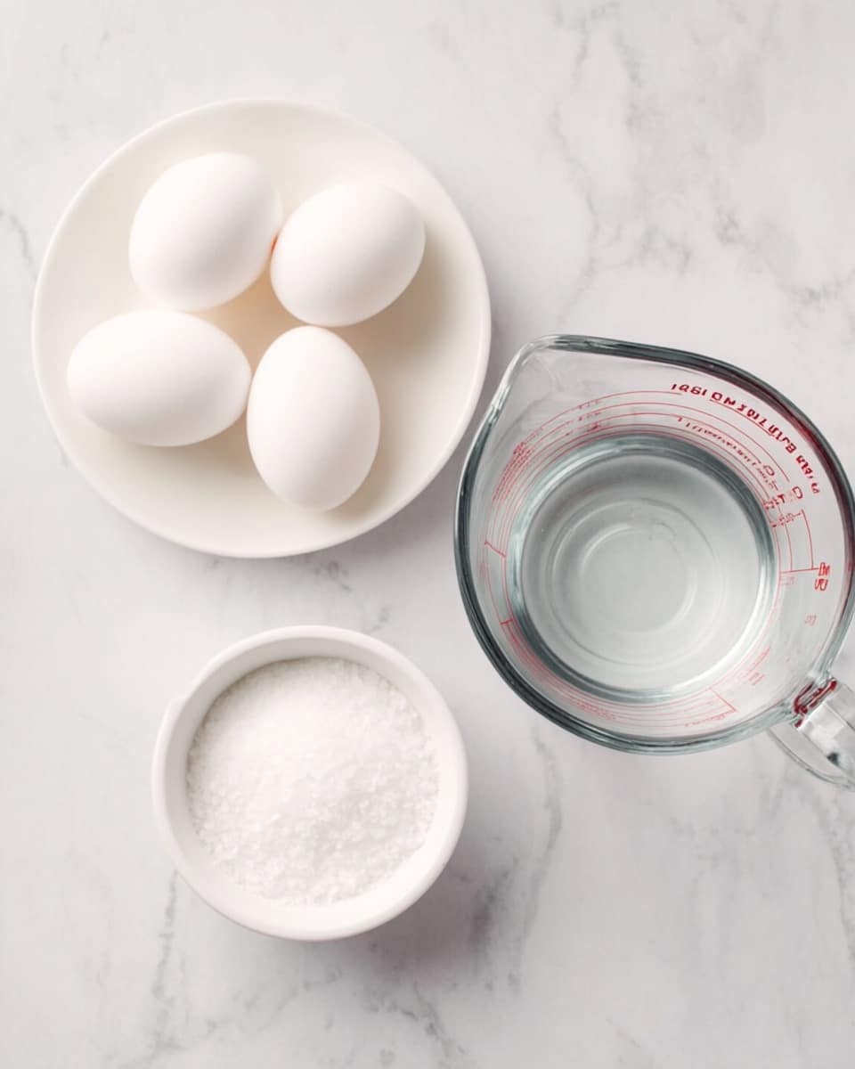 The image shows three containers set on a white marbled surface. In the upper left, a white round plate holds four white eggs arranged closely together. To the right, a clear glass measuring cup is filled with water, showing red measurement lines on the side. Below the eggs and measuring cup, there is a small white bowl filled with a white granular substance, likely salt, viewed from the top. The overall color scheme is clean and simple with white and clear items. photo taken with an iphone --ar 4:5 --v 7