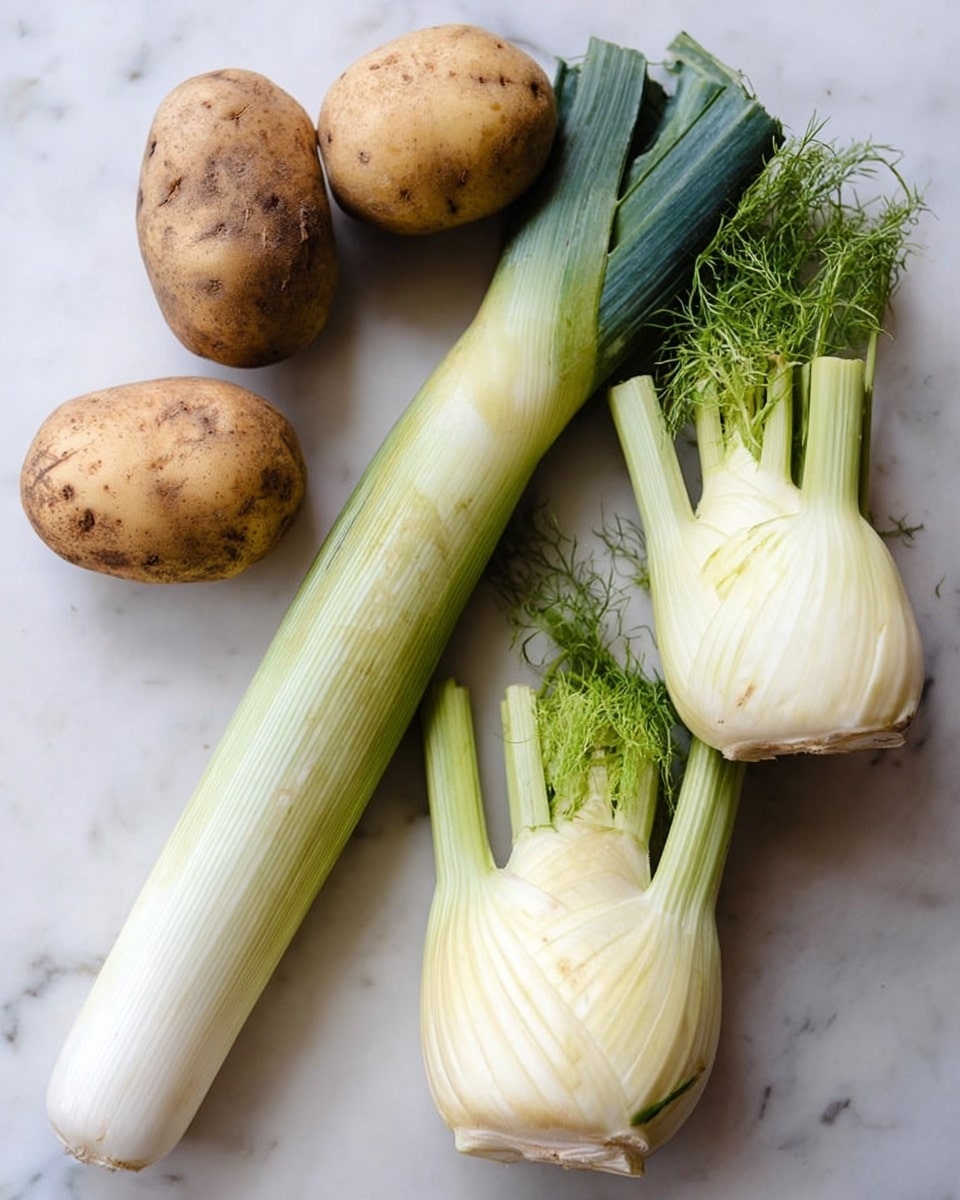 The image shows two whole brown potatoes with a rough texture, two large green and white leeks with smooth surfaces, and two bulbs of fennel that are white with green feathery tops, all laid out on a white marbled surface. The potatoes are round and slightly irregular in shape, the leeks are long and cylindrical, and the fennel bulbs are round with layered, ribbed skin. The colors are natural earthy tones of brown, white, and green with fresh and raw textures visible photo taken with an iphone --ar 4:5 --v 7