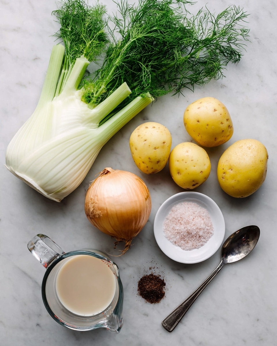 The image shows a white marbled surface with fresh ingredients neatly arranged. There are two whole fennel bulbs with their green stalks and feathery leaves positioned at the top left. To their right, four small yellow potatoes are placed close together. Below the potatoes and fennel is a whole yellow onion, sitting slightly to the left. At the bottom left corner, there is a clear glass measuring cup filled with a light beige liquid. Next to it, a small clear bowl contains a transparent liquid. To the right of that bowl is a white round dish with pink salt and black pepper side by side. A silver spoon with a dark brown paste rests below the dish on the right side. The photo taken with an iphone --ar 4:5 --v 7