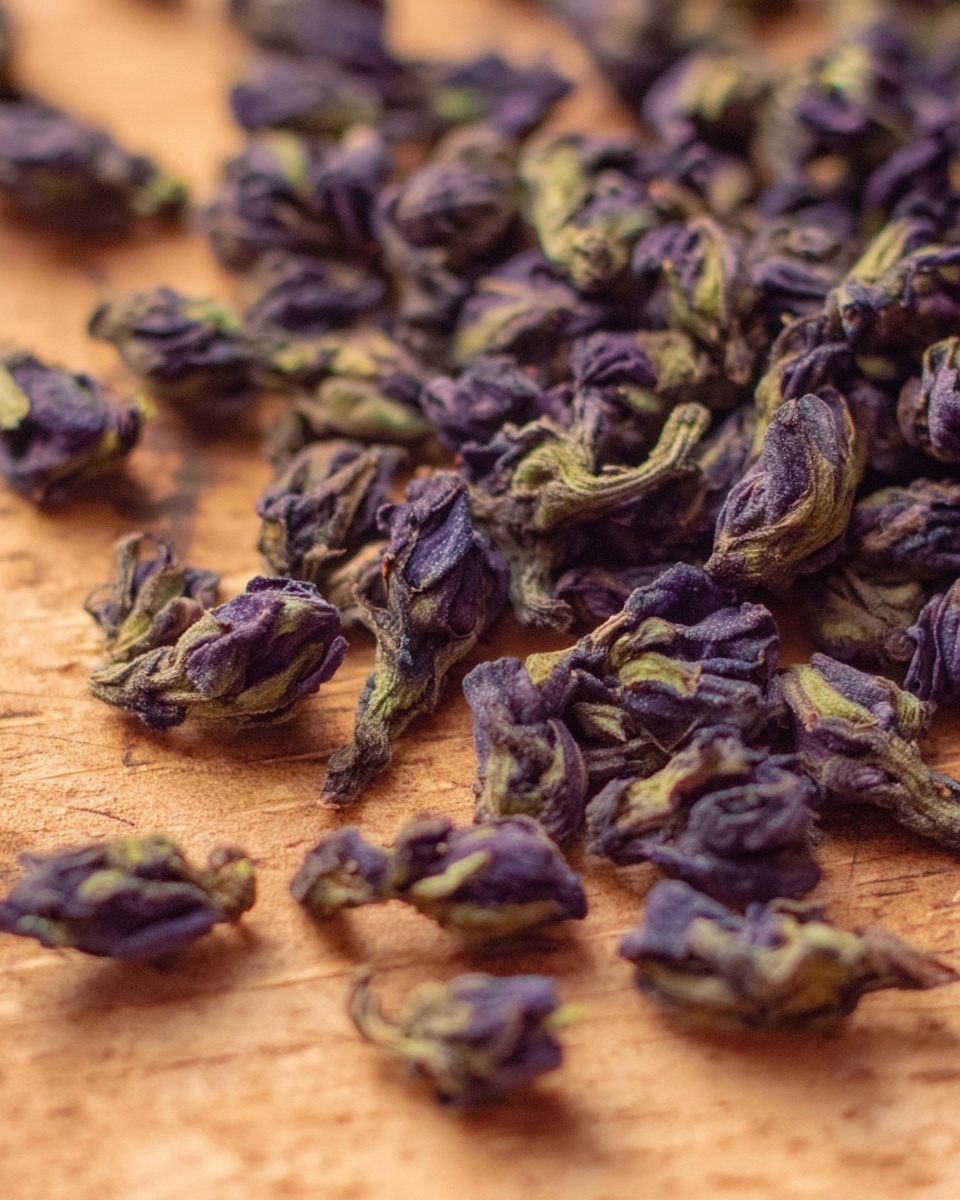 The image shows a close-up of small dried flower buds scattered over a light brown wooden surface. The buds are mostly dark purple with some green shades, and they have a slightly rough, wrinkled texture. They are clustered together in an uneven, natural pattern, filling most of the frame. The background has a soft blur, making the buds the clear focus of the photo. photo taken with an iphone --ar 4:5 --v 7