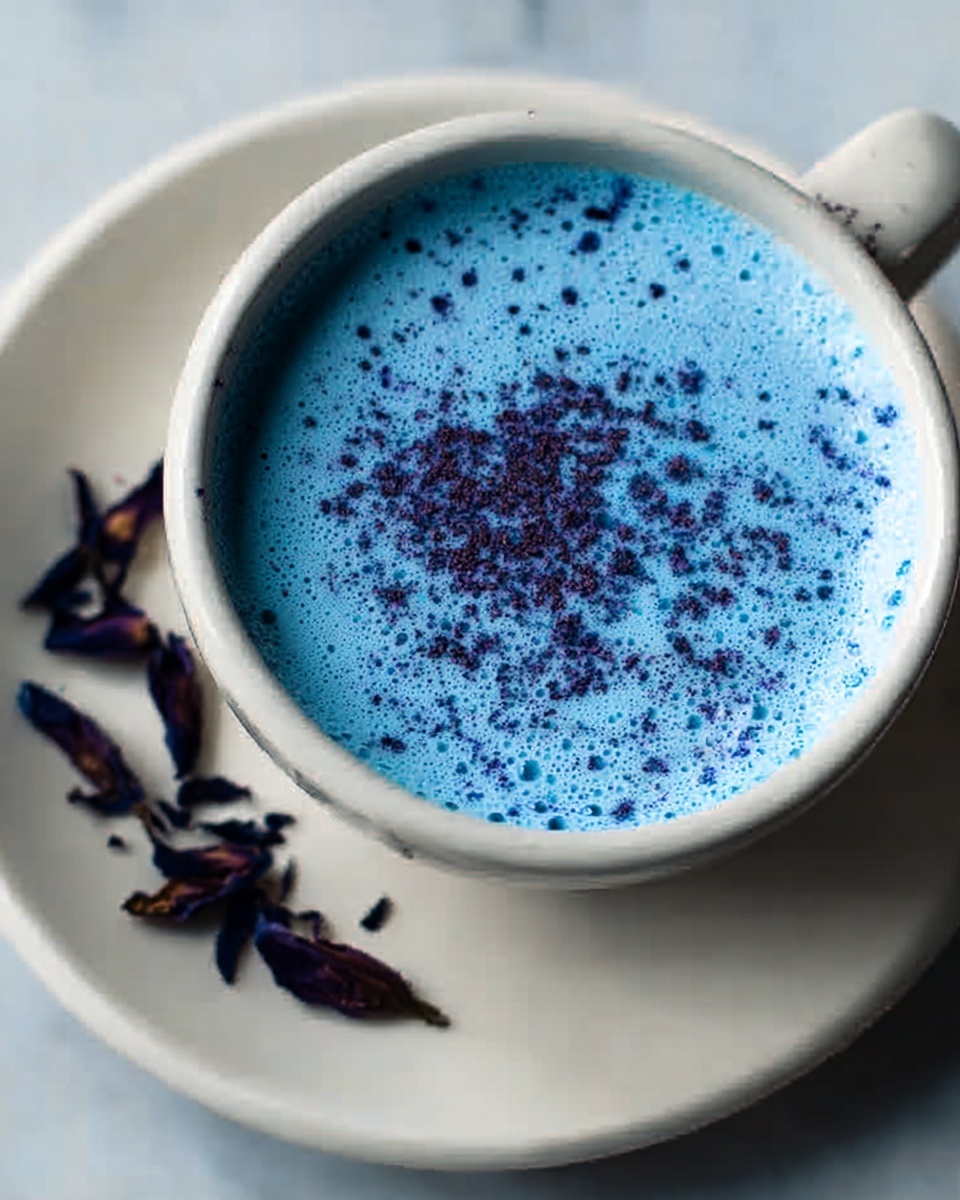 The image shows a white cup filled with a bright blue frothy drink, topped with a sprinkling of fine dark purple powder. The cup is placed on a white saucer, which holds several dark dried flower petals slightly scattered on its left side. The background is a white marbled surface. photo taken with an iphone --ar 4:5 --v 7