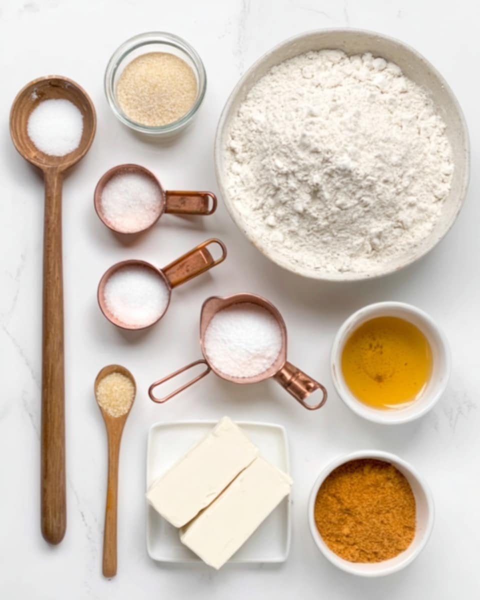 The image shows a white marbled surface with baking ingredients neatly arranged. On the right side, there is a large white bowl filled with white flour. Above and slightly left, there is a small glass bowl with light beige powder. Around this bowl are three small copper measuring cups with wooden handles, each filled with different ingredients: the largest one holds white sugar, the middle one contains white salt, and the smallest one has a light pinkish powder. Below, there is a white dish holding two white blocks of cream cheese or butter. Next to it, on the left, a wooden spoon holds white granulated sugar. Above this spoon, there is a small round dish with a golden-yellow liquid, likely honey or syrup. To the right of the spoon, two white small bowls hold a tan powder and a burnt orange powder, likely spices. The whole setup is clean and bright, showing all ingredients clearly and evenly spaced, photo taken with an iphone --ar 4:5 --v 7
