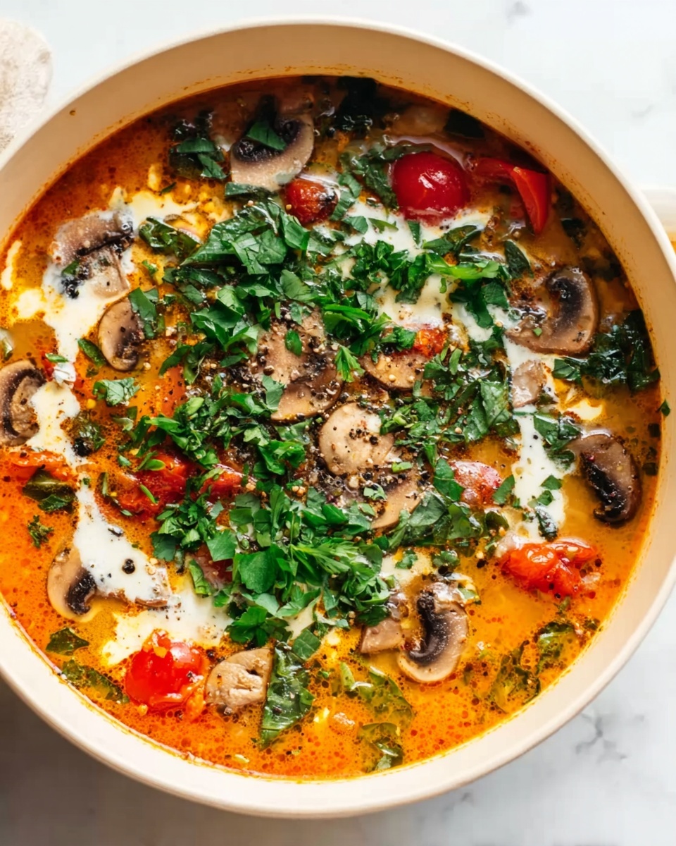 The image shows a bowl filled with layered soup made of bright orange broth at the base, topped with slices of light beige mushrooms and chunks of red tomatoes; the surface is garnished with a generous amount of chopped green leafy herbs. The soup has some white creamy swirls blending gently with the broth, and small black pepper flakes are scattered over the top, all placed in a white bowl sitting on a white marbled surface. Photo taken with an iphone --ar 4:5 --v 7
