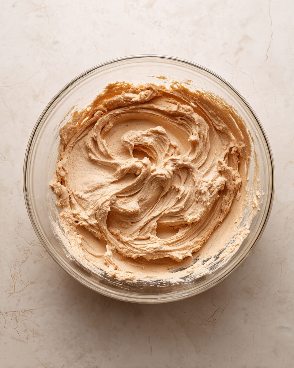A clear glass bowl sits on a white marbled surface, filled with one layer of light brown, creamy dough. The dough has a soft, smooth texture with visible swirls and peaks from mixing, clinging to the sides of the bowl, showing a thick consistency. The glass bowl is transparent and rounded, allowing a good view of the dough inside. photo taken with an iphone --ar 4:5 --v 7