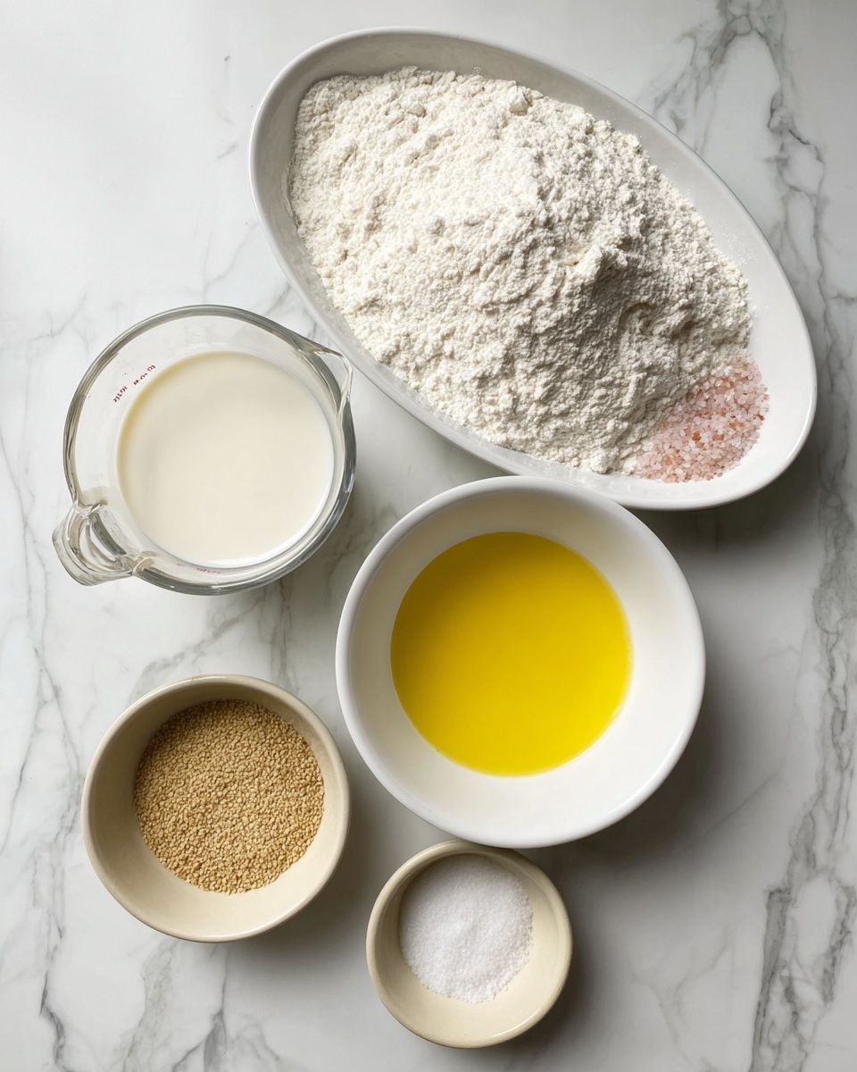 The image shows five containers arranged on a white marbled surface. At the top, there is a white oval dish filled with white flour and a small patch of pink salt on the right side. Below to the left, a clear glass measuring cup holds a creamy white liquid, likely milk. To the right of the glass cup, a white bowl is filled with a bright yellow liquid, probably melted butter or oil. At the bottom left, a small white dish contains tan-colored dry yeast granules, while a small beige bowl on the bottom right holds white granulated sugar. Photo taken with an iphone --ar 4:5 --v 7