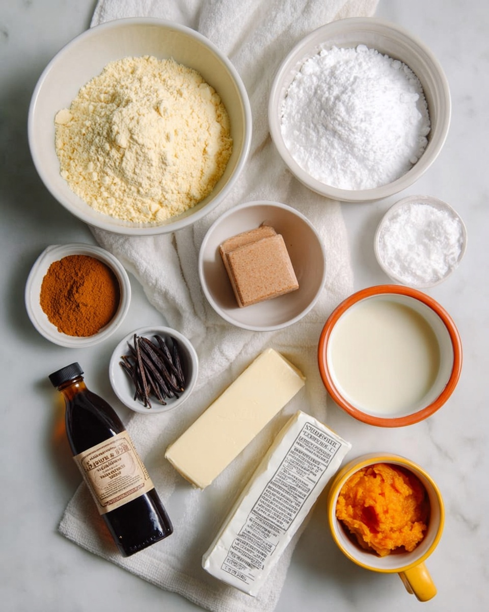 A top view shows a white bowl filled with pale yellow flour at the top left and another white bowl with white powdered sugar at the top right, both placed on a white cloth over a white marbled surface. Below them, there is a small white bowl with light brown cinnamon powder on the left and a small white bowl with creamy liquid in the center. To the right, an orange-rimmed white cup is filled with light brown packed brown sugar. Below these, a stick of butter wrapped in white paper with text is angled diagonally to the right. At the bottom left sits a bottle of vanilla extract with a black cap, next to it a small white bowl filled with white granulated sugar. A fine sieve filled with dark brown vanilla beans lies near the cinnamon bowl. Next to the sugar bowl, a small white container holds bright orange pumpkin puree. At the bottom right, a white cup with a bright yellow handle contains a pale yellow liquid. photo taken with an iphone --ar 4:5 --v 7