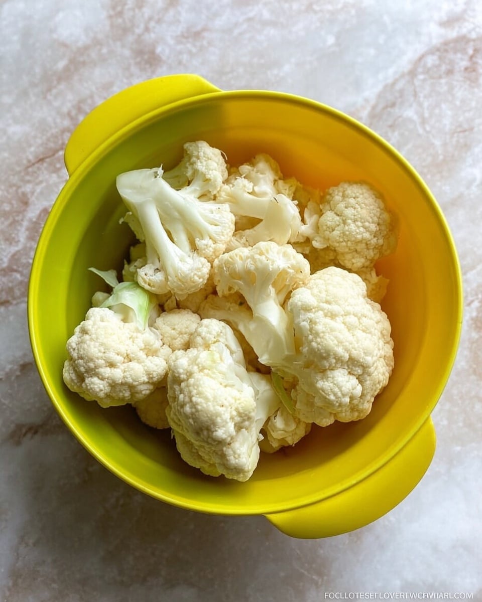 A bright yellow bowl filled with several pieces of fresh cauliflower florets, showing a light cream color with bumpy texture, each piece having a short thick stem and a rounded top with small tightly packed buds, all resting inside the bowl placed on a surface with a white marbled texture. photo taken with an iphone --ar 4:5 --v 7
