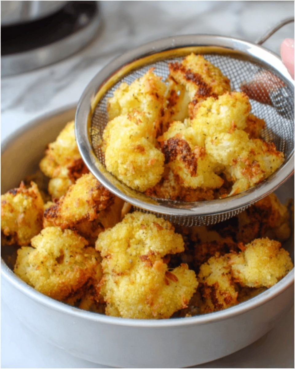 The image shows a white bowl filled with golden, crispy fried cauliflower pieces piled high. Each piece has a rough and crunchy texture with uneven edges, giving a crunchy and crunchy look. The cauliflower's light yellow color contrasts with some darker golden brown spots where it is more fried. The bowl sits on a white marbled surface, and a woman's hand holds a metal strainer lifting some cauliflower from the bowl. photo taken with an iphone --ar 4:5 --v 7