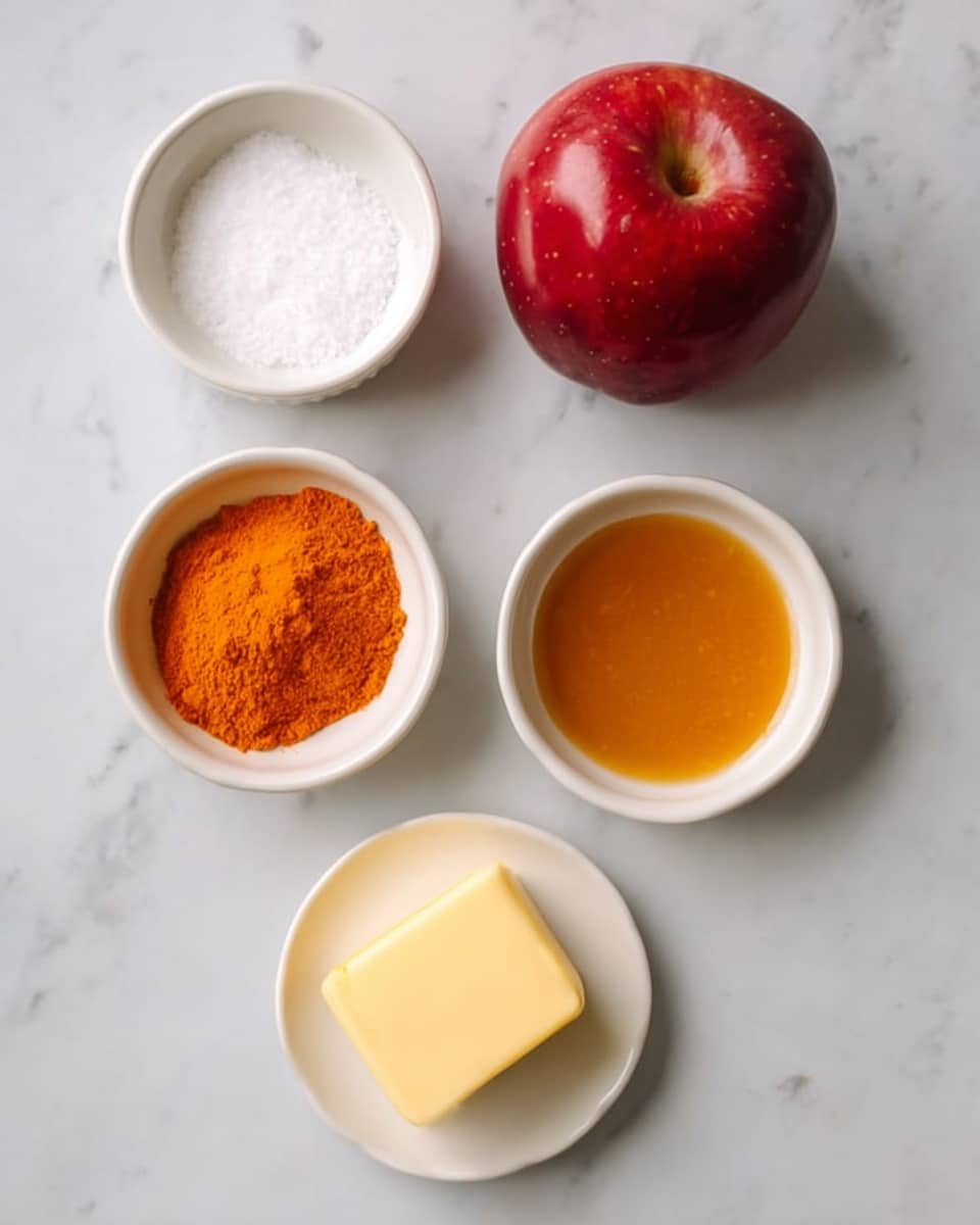 The image shows five small white bowls and one red apple arranged on a white marbled surface. Starting from the top left, there is a white bowl filled with salt, below it is a white bowl with bright orange powder, likely a spice like turmeric. To the right of the spice bowl is another white bowl filled with a thick orange liquid, possibly honey or syrup. Below the liquid bowl is a white dish with a square piece of pale yellow butter. The red apple is whole and shiny, positioned in the top right of the frame. photo taken with an iphone --ar 4:5 --v 7