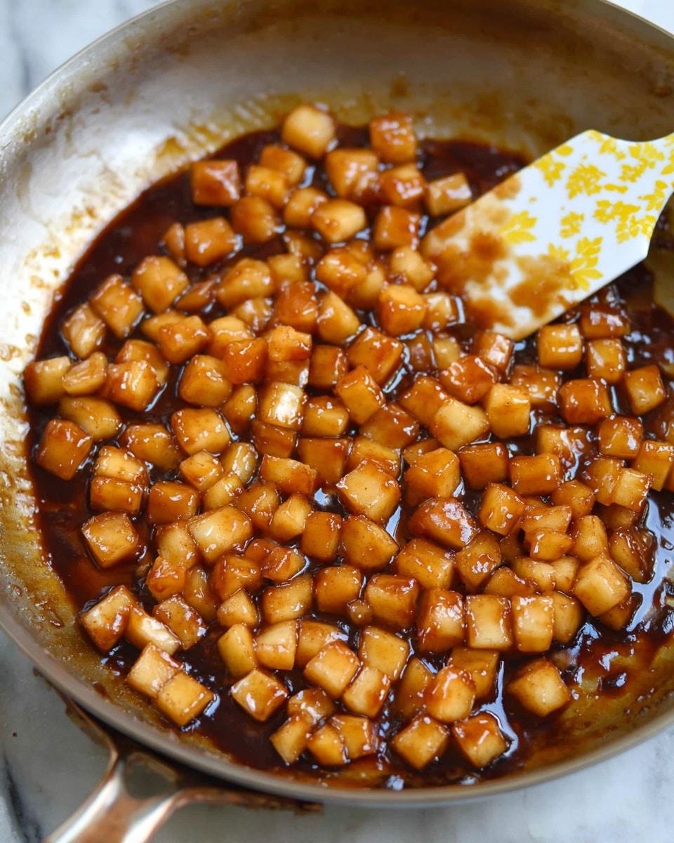 A close-up view of a steel pan filled with small, evenly diced golden-brown apple pieces cooked in a glossy dark caramel sauce, showing a sticky texture coating each cube. A white spatula with yellow and white patterned handle rests on the right side, slightly lifting some apple pieces. The background features a white marbled texture under the pan, and the image has a warm, inviting tone. photo taken with an iphone --ar 4:5 --v 7