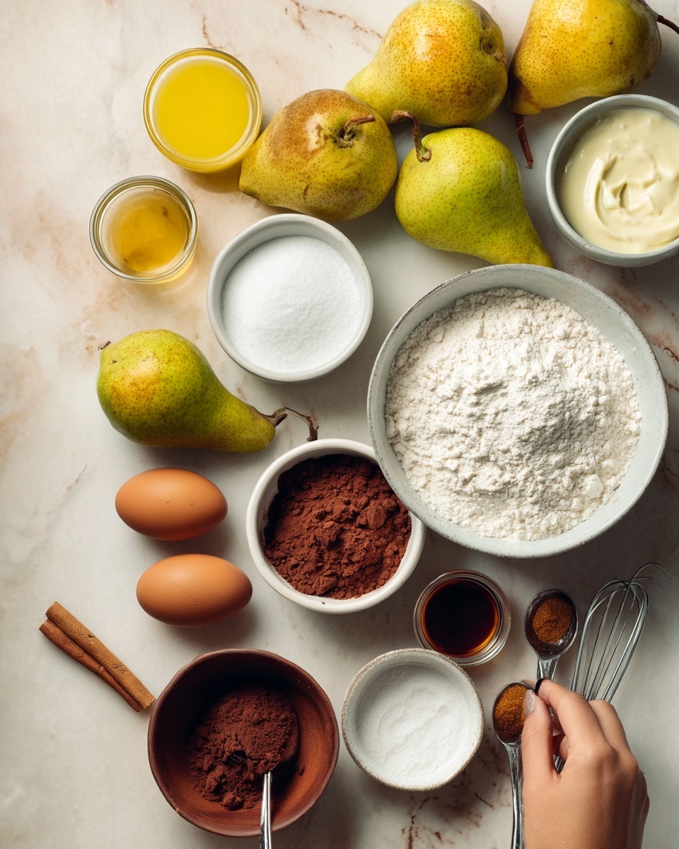 The image shows several ingredients arranged neatly on a white marbled surface. There is a white bowl filled with white flour on the right side, next to a few yellow and green pears. Below is a small white bowl with white sugar, and beside it is a white bowl with brown sugar and a spoon inside. Near the center is a brown bowl filled with cocoa powder and a fork resting on its edge. Two eggs are placed to the left of the brown bowl, above a small brown dish containing a dark liquid. There are two glass containers with yellow liquid, one near the top and one at the bottom. A white bowl in the top right corner holds a creamy white substance. A small white bowl in the lower right corner contains white powder with two brown spices on top. A woman's hand holding a utensil is reaching towards the brown bowl. photo taken with an iphone --ar 4:5 --v 7