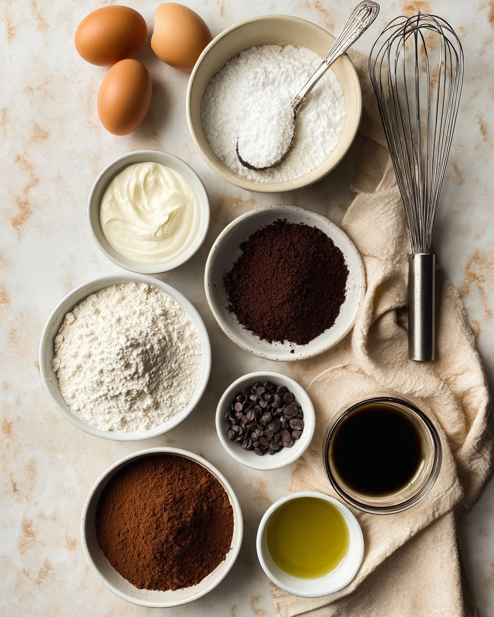 This image shows a set of ingredients for baking on a white marbled surface. There are two whole eggs and two empty shells on the left. Moving right, there is a small white bowl with cream, then a larger white bowl with flour. Below, there is a medium-sized white bowl filled with sugar, a spoon resting on the side. Next to it is a small white bowl with dark chocolate chips, and just right is a medium white bowl filled with cocoa powder. Below that, another small white bowl holds baking powder and coffee powder. In front of it, a small amount of olive oil is in a white bowl. On the right side a beige cloth holds a metal whisk. There is also a small glass cup filled with dark coffee near the center-right. The colors contrast well, with the dark browns of cocoa, chocolate, and coffee against the white bowls and light marbled surface. The overall layout is neat and spaced, offering a clear view of each ingredient. photo taken with an iphone --ar 4:5 --v 7