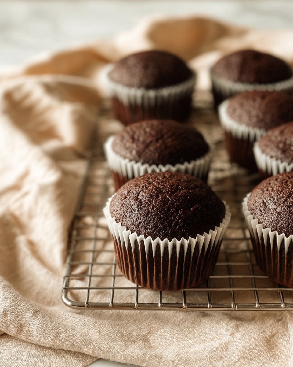 The image shows a group of dark brown chocolate cupcakes with a smooth, slightly cracked top, each wrapped in white cupcake liners. They are arranged on a metal cooling rack placed over a light beige cloth, with a soft, natural light that highlights the texture of the cupcakes. The background is a white marbled surface that adds a clean, simple touch to the warm and cozy scene. photo taken with an iphone --ar 4:5 --v 7