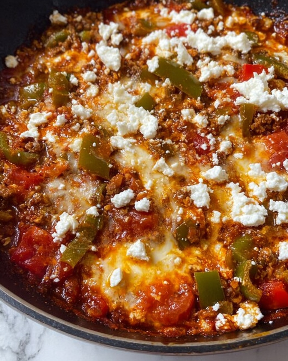The image shows a close-up view of a pan filled with a cooked dish that has several colorful layers. The base layer is a mix of chunky red and green bell peppers, along with cooked ground meat, all coated in a rich red tomato sauce. Scattered on top are melted patches of yellow cheese blending into the sauce. Crumbled white cheese is spread unevenly over the dish, adding texture and contrast. The pan has a dark interior, and the whole dish looks warm and hearty. The background surface is a white marbled texture photo taken with an iphone --ar 4:5 --v 7