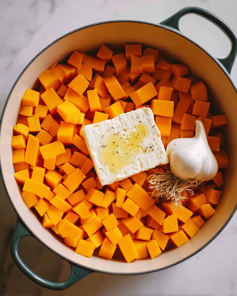 A white pot filled with many small orange cubes of butternut squash forming a single layer at the bottom. In the center of the pot, there is a white block of feta cheese with a drizzle of golden olive oil on top. To the right of the cheese is a whole head of white garlic with its brown roots facing up. The pot has dark green handles and it rests on a white marbled surface. photo taken with an iphone --ar 4:5 --v 7