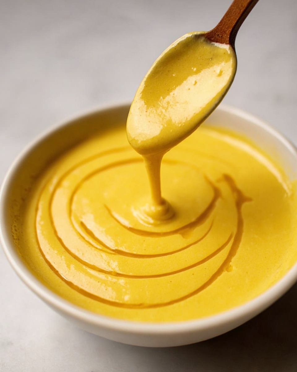 A close-up of thick yellow sauce or soup in a white bowl on a white marbled surface, with smooth texture and subtle swirls of darker brown color on the surface. A spoon with a wooden handle is lifting some of the sauce above the bowl, showing its creamy and slightly drippy consistency. The overall look is warm and rich. Photo taken with an iphone --ar 4:5 --v 7