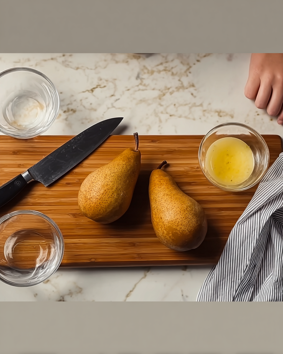 The image shows a wooden board placed on a white marbled surface. On the board, there are two whole pears with brownish-yellow skin and a shiny texture, positioned side by side near the top center. To the left of the pears, there is a large black-handled knife resting diagonally across the board with the blade pointing downward. Below the pears and knife, two small empty clear glass bowls are placed next to each other, and to the right of them, there is another clear glass bowl containing a yellow liquid with a slightly frothy texture. A woman's hand is reaching in from the left side of the image, touching the left edge of the board. In the background, there are two people partially visible, one wearing a gray shirt and the other a striped shirt. photo taken with an iphone --ar 4:5 --v 7
