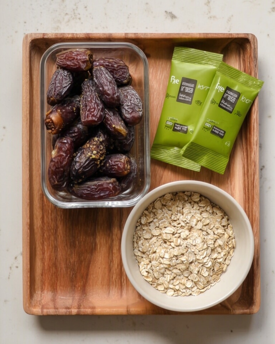The image shows a wooden tray with three main items arranged on it: on the left, a square glass container filled with dark brown dates that have a slightly wrinkled texture; on the top right, two green and white packets of raw pistachios lying flat side by side; and at the bottom right, a small white bowl filled with beige rolled oats with a coarse texture. The background is a white marbled texture. photo taken with an iphone --ar 4:5 --v 7