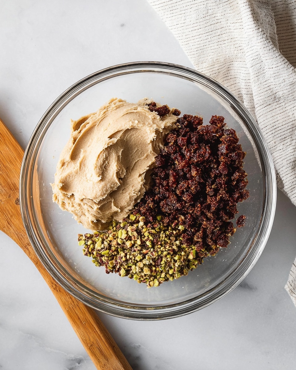 A clear glass bowl sitting on a white marbled surface, filled with three distinct layers. On one side, there is a smooth, light beige dough-like layer with a creamy texture, softly scooped and shaped. Next to it, there is a pile of finely chopped, dark ruby-colored pieces, appearing sticky and glossy. The third layer consists of a heap of small, rough-textured green and brown chunks, resembling crushed nuts or seeds. A wooden spatula lies beside the bowl, and a white and light gray striped cloth is partially visible in the top right corner. photo taken with an iphone --ar 4:5 --v 7
