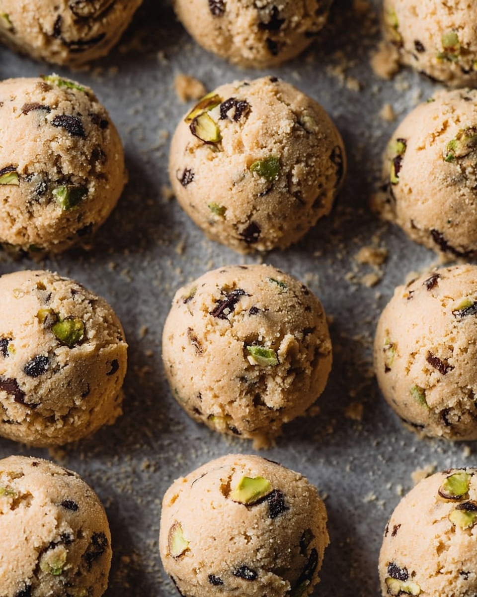 The image shows close-up balls of raw cookie dough placed close together on a baking tray with a gray surface. Each dough ball is round and textured, light beige in color with visible dark brown chunks and bits of green nuts scattered throughout. The dough looks slightly crumbly but moist, with a rough surface and small cracks that show the ingredients inside. The photo highlights the natural unevenness of the dough shapes and their coarse texture. photo taken with an iphone --ar 4:5 --v 7