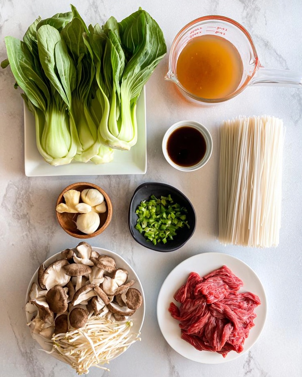 The image shows a top view of fresh ingredients arranged neatly on a white marbled surface. There is one square white plate on the left side holding several bright green bok choy with visible veins and stems. To the right, a clear glass measuring cup filled with orange-brown broth is placed near a small stack of unpacked white noodles in plastic. Below, a small white bowl contains thin dark brown sauce, and next to it, a black small bowl holds peeled garlic cloves and light brown ginger pieces. Below the bok choy, a round white plate is filled with a variety of light to dark beige mushrooms with different shapes and textures. To the lower right, a round white plate holds thin strips of raw red beef with visible marbling. In the center, a wooden bowl contains finely chopped green onions. The ingredients are spaced out, creating a balanced and clean look photo taken with an iphone --ar 4:5 --v 7