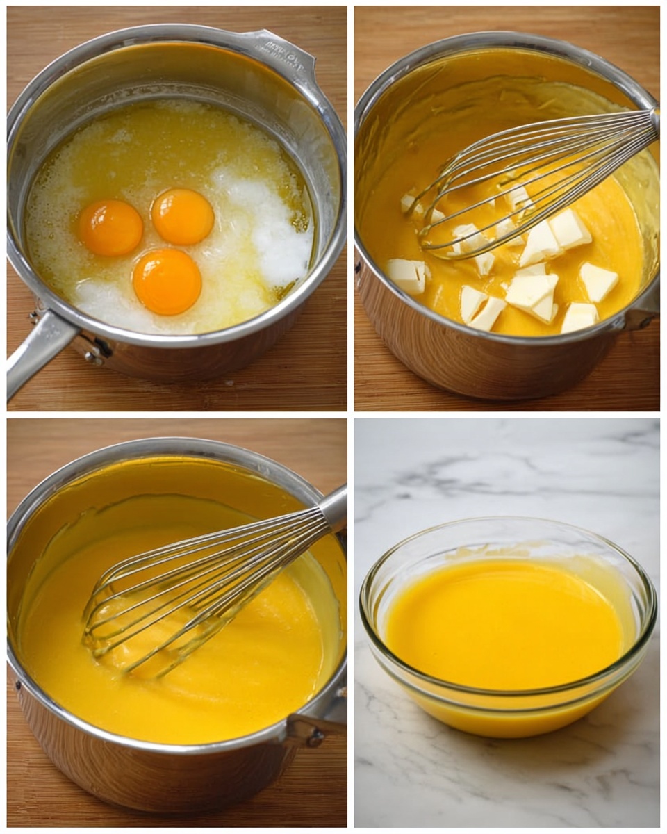 The image shows four steps of making a smooth yellow custard sauce. The first step has a silver pot filled with egg yolks and white sugar. The second step shows the mixture being whisked into a thick yellow liquid in the same pot. The third step shows the addition of white butter chunks to the sauce, with a whisk mixing it in. The last image shows a clear glass bowl filled halfway with the smooth, bright yellow finished sauce, placed on a wooden table with a white marbled background. Photo taken with an iphone --ar 4:5 --v 7