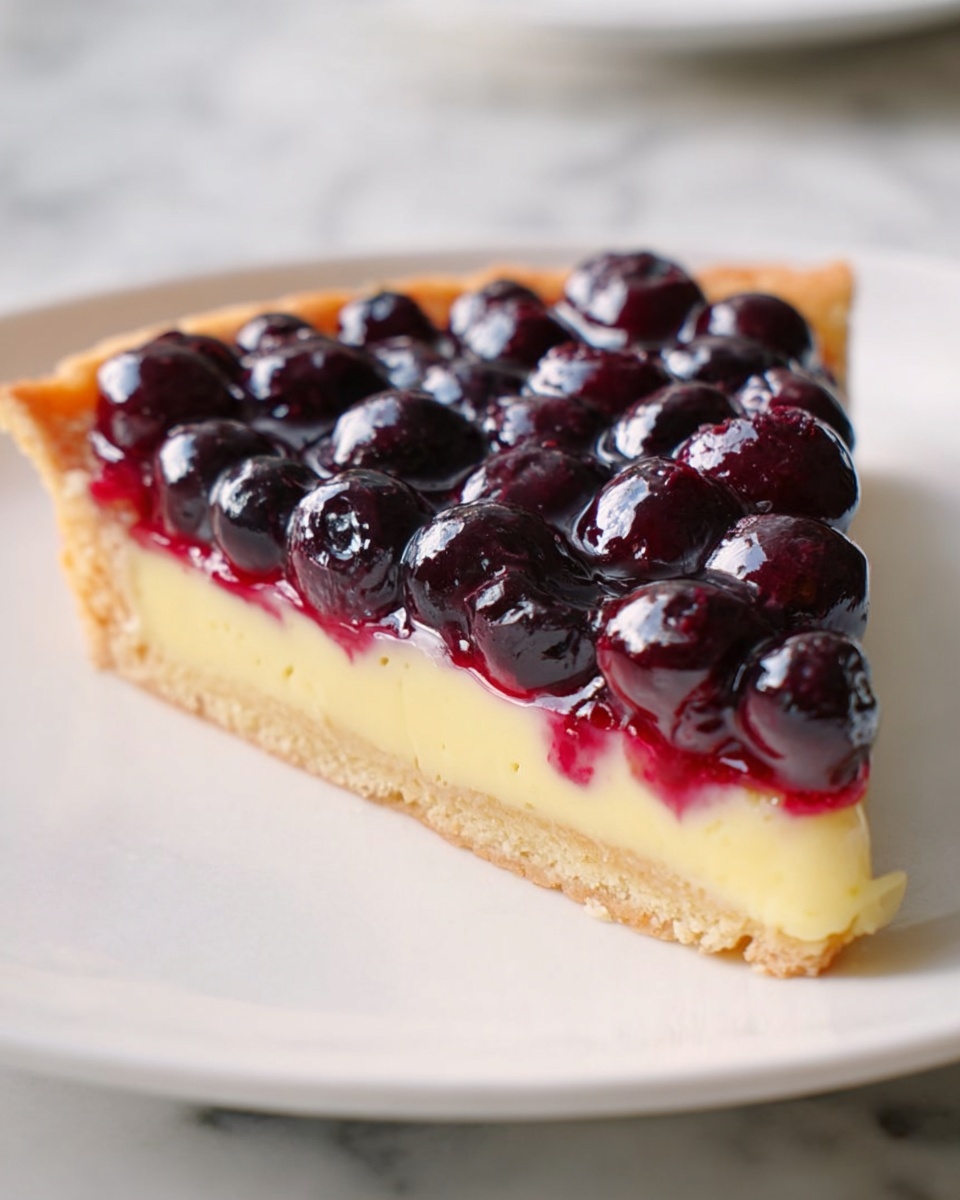 The image shows a slice of tart on a white plate placed on a white marbled surface. The tart has three layers: a thin light golden crust at the bottom, a smooth creamy yellow layer in the middle, and a top layer of shiny dark purple blueberries covered with a glossy red-purple glaze. The blueberries are round and tightly packed on the tart, with the glaze making them look wet and fresh. Photo taken with an iphone --ar 4:5 --v 7
