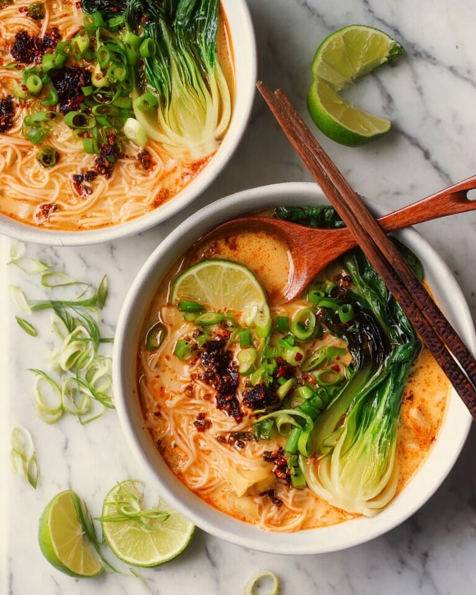 Two white bowls of noodle soup sit on a white marbled surface. Each bowl has thin noodles in a light orange broth. On top of the noodles, there are bright green sliced scallions, dark brown chili oil spots, and charred green bok choy leaves. One bowl has a wooden spoon resting inside it, and there are two lime wedges placed on the edge of the same bowl. Nearby, more lime wedges and thin scallion curls lie on the marbled surface, with wooden chopsticks resting across the top of one bowl. photo taken with an iphone --ar 4:5 --v 7