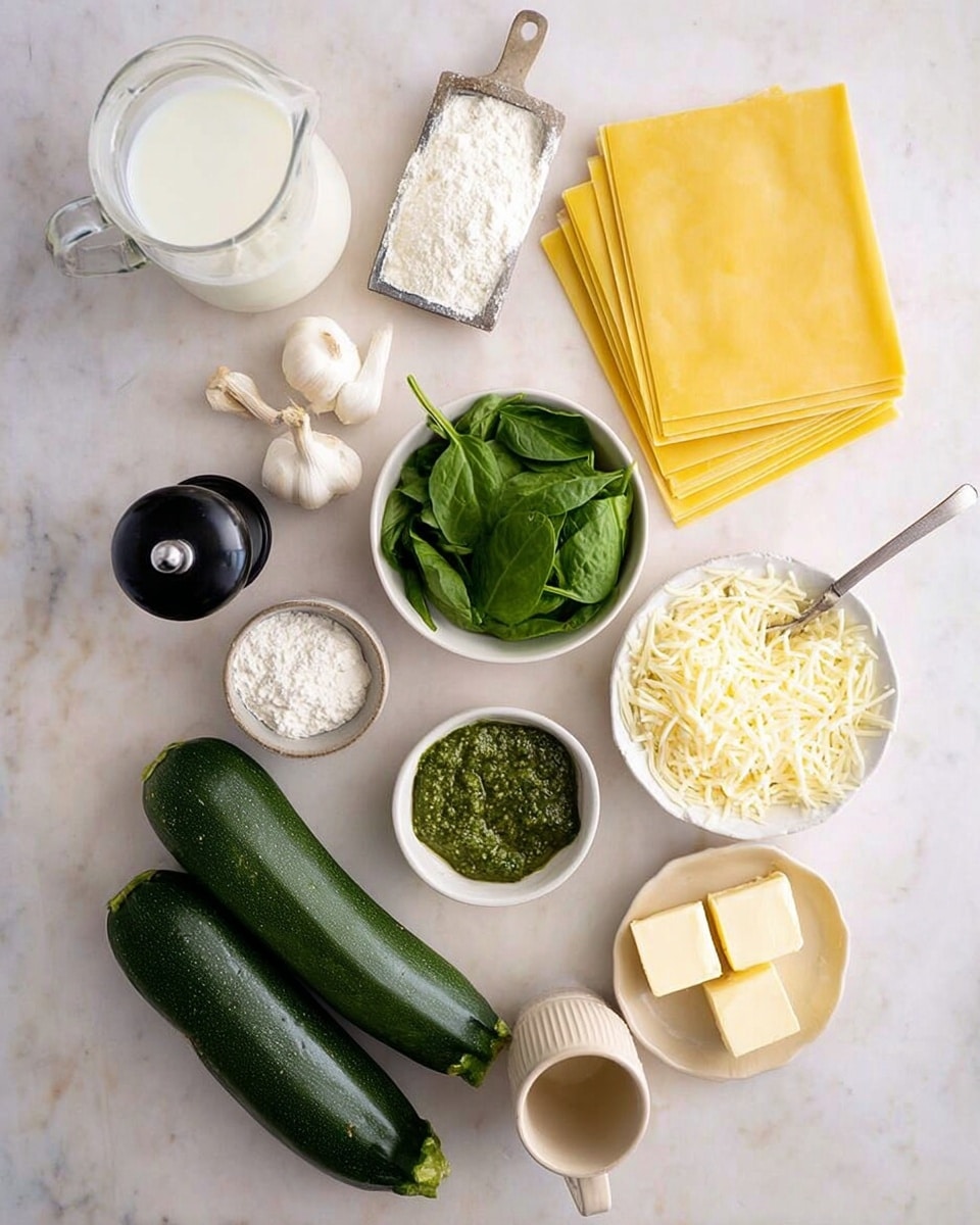 The image shows ingredients laid out on a white marbled surface. There are two stacks of yellow lasagna sheets, one on the top right and the other on the bottom right. Nearby, there is a small white bowl filled with fresh green spinach leaves. Next to it, a small white bowl holds green pesto sauce with a spoon inside. Another white bowl contains shredded mozzarella cheese. There are also three dark green zucchinis placed on the surface along with three garlic cloves. A clear glass container with milk is on the upper left. Below it, a black pepper grinder is set beside a small white bowl of white flour. A small glass plate with three cubes of butter and a beige cup with white cream cheese complete the setup. Photo taken with an iphone --ar 4:5 --v 7