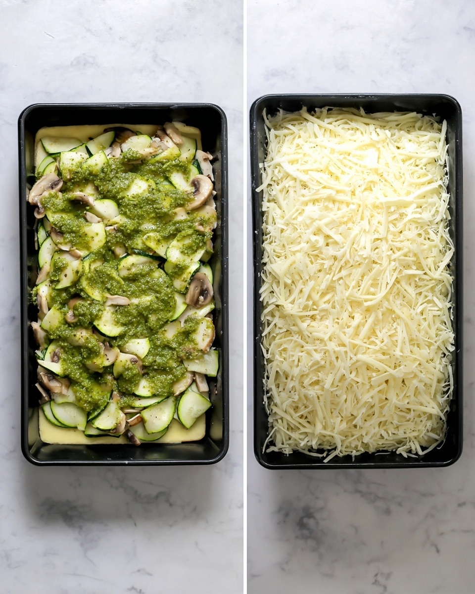 The dish shows a black rectangular container on a white marbled surface. The first image has three visible layers: the bottom is a pale yellow flat base, topped with a layer of sliced mushrooms and zucchini, and the top layer is a green sauce unevenly spread across the vegetables. The second image shows the same container filled with an even layer of white shredded cheese covering the entire surface. Photo taken with an iphone --ar 4:5 --v 7
