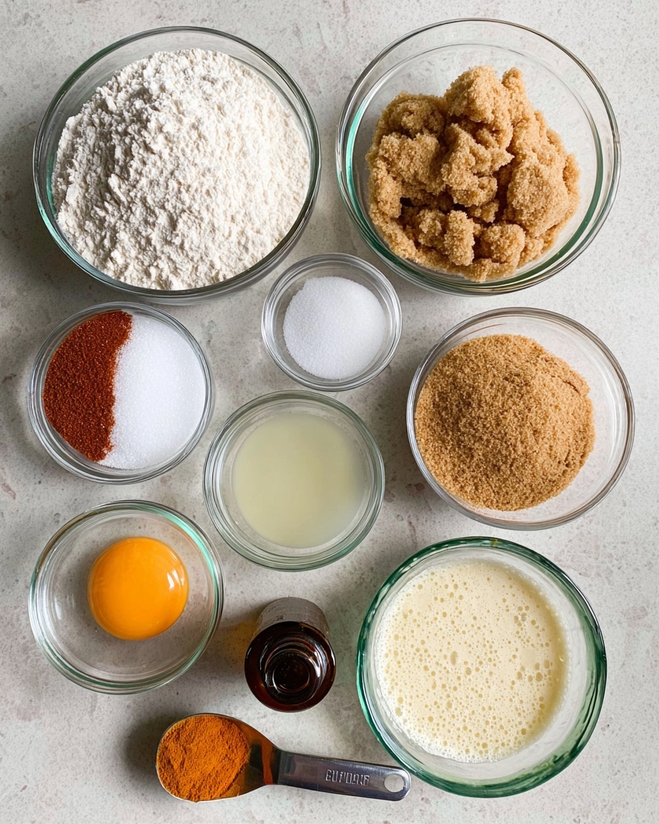 The image shows eight clear glass bowls placed on a white marbled surface. The largest bowl at the top center is filled with white flour, with a soft and powdery texture. To the right is a medium bowl with light brown sugar that looks crumbly and dense. Below the flour bowl, slightly to the right, is a small bowl with a light, pale yellow liquid. To its right is another medium bowl filled with frothy, light beige liquid that looks bubbly and airy. On the left side near the bottom, there is a small bowl with a single bright yellow egg yolk. Above it is a small bowl filled with light brown granulated sugar, smooth in texture. To the left top side of the egg yolk bowl, a small bowl holds a mixture of white powder and reddish-brown powder. In the foreground near the bottom left, a metal measuring spoon contains a bright orange powder. At the bottom right corner, there is a small, dark bottle with a brown cap. photo taken with an iphone --ar 4:5 --v 7