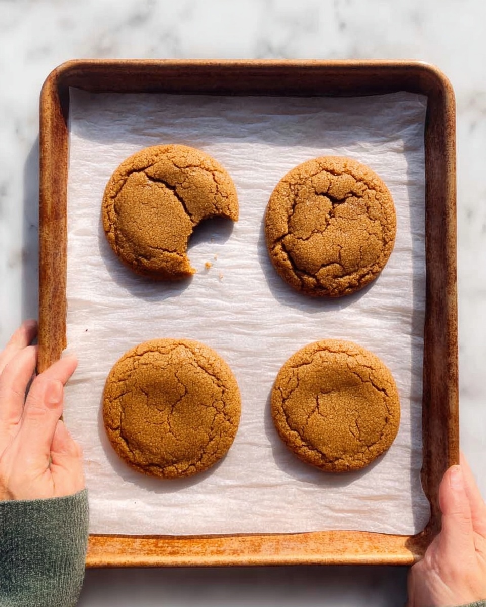 A rectangular baking tray holds four round, golden brown cookies with a cracked surface, placed on a sheet of parchment paper. Three cookies are whole, with slightly uneven textures, and one cookie at the top left has a bite taken out, showing a soft inside. Two woman's hands grip the tray edges, and the background is a white marbled surface. photo taken with an iphone --ar 4:5 --v 7