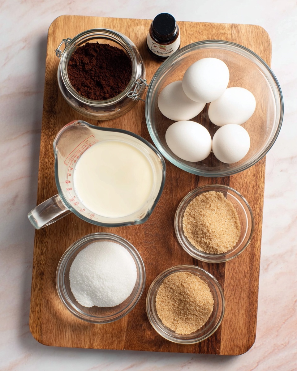 The image shows a wooden board on a white marbled surface with six clear containers holding different ingredients. The top left has a small jar of dark brown cocoa powder, next to it is a small bottle of dark vanilla extract. To the top right, a large clear bowl holds five white eggs. A clear glass measuring cup filled with creamy milk is placed at the center top. At the bottom left, a small bowl contains white granulated sugar, and at the bottom right, a small bowl holds light brown sugar. The setup is clean and organized, focusing on the ingredient colors and textures. Photo taken with an iphone --ar 4:5 --v 7