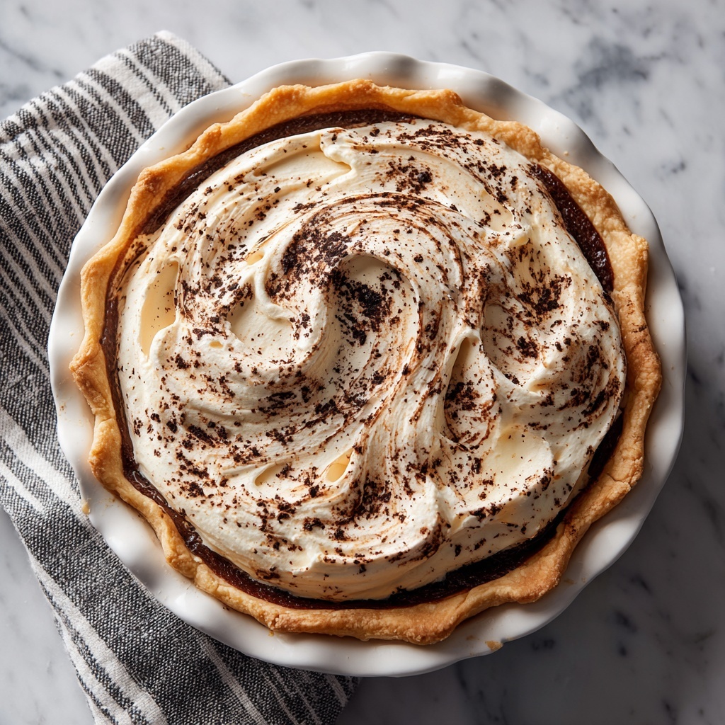 A pie with three visible layers sits in a white pie dish with a thick, crimped edge. The bottom crust is dark brown and firm, holding a middle layer that is lighter brown and smooth. The top layer is fluffy and white, spread unevenly in swirling patterns, and is lightly sprinkled with fine dark brown powder. The pie is placed on a white marbled surface with a black and white striped cloth partially around it. Photo taken with an iphone --ar 4:5 --v 7