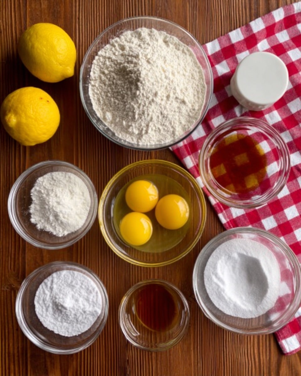 The image shows an overhead view of various baking ingredients laid out on a wooden table with a red and white checkered cloth on the top right. There are three bright yellow lemons on the left side. Next to the lemons, a large clear glass bowl filled with white flour is placed near the top left corner. Below it, there are three small clear glass bowls, each with white powders of different textures - baking powder, salt, and possibly sugar. In the center, there is another clear glass bowl holding two raw eggs with yellow yolks. To the right, a medium clear glass bowl filled with white sugar is shown near the bottom. Above the sugar, there is a clear glass cup with a light brown liquid, probably oil. Finally, on the top right corner, a white round container with a white lid is placed, completing the arrangement. The whole setup is against a wooden background. Photo taken with an iphone --ar 4:5 --v 7
