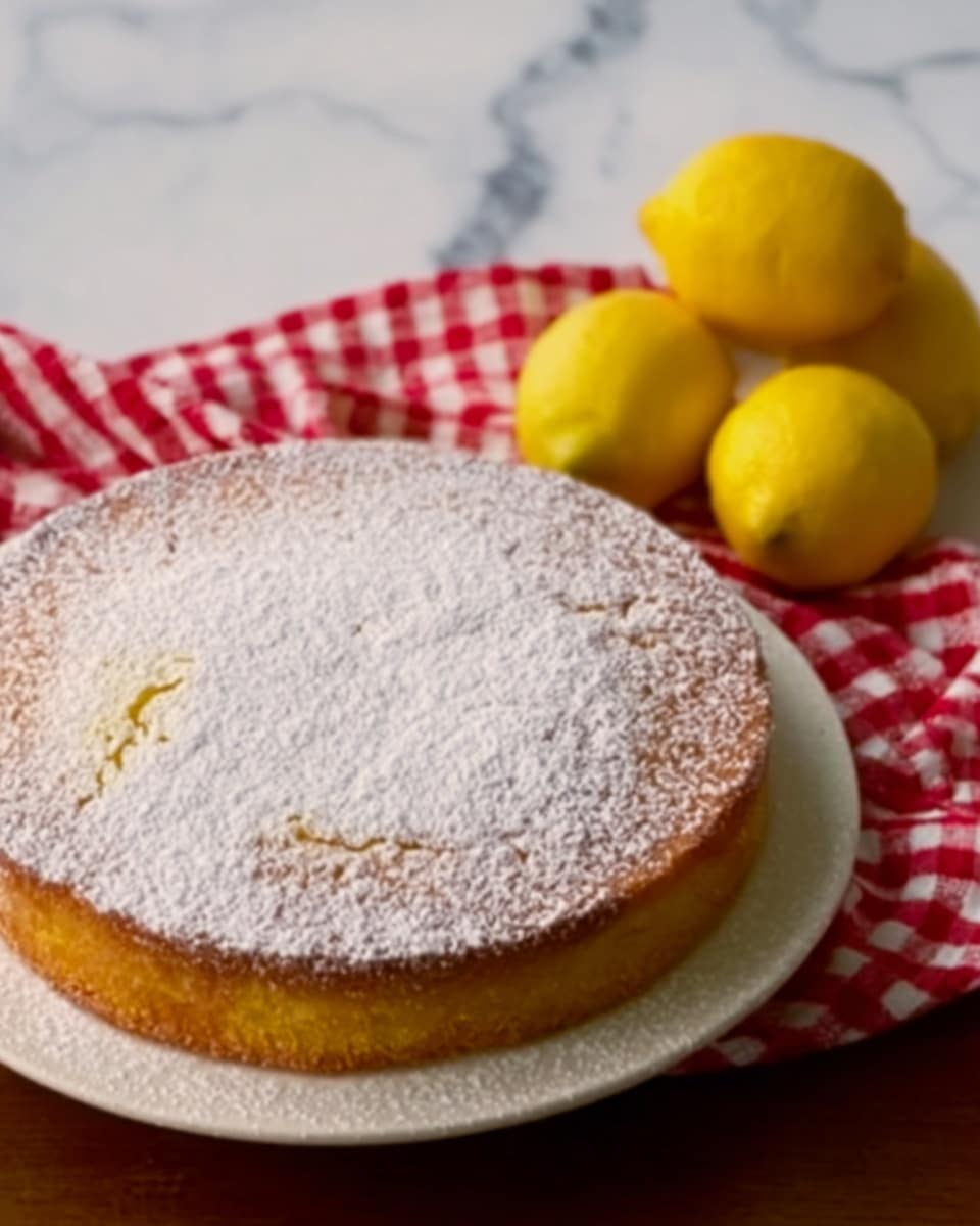 A round lemon cake sits on a white plate, its top dusted evenly with a light layer of powdered sugar creating a soft, snowy look. The cake's surface is smooth with a few cracks in the center showing its texture. To the right, there are four bright yellow lemons resting on a red and white checkered cloth. The background is a white marbled texture. photo taken with an iphone --ar 4:5 --v 7