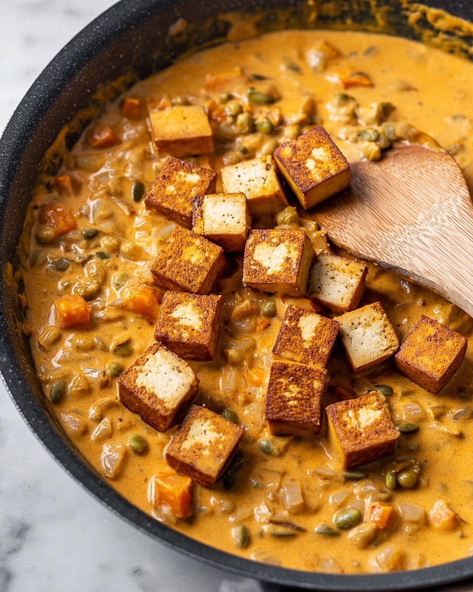 A close-up of a black pan filled with a creamy orange sauce mixed with small orange vegetable pieces and green seeds. On top, there are many golden-brown tofu cubes scattered across the sauce. A wooden spatula rests in the pan, partially touching the tofu and sauce. The background shows a white marbled texture. photo taken with an iphone --ar 4:5 --v 7